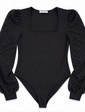Mango Black Lace Sleeve Bodysuit XL Elegant Sheer Sleeve Top